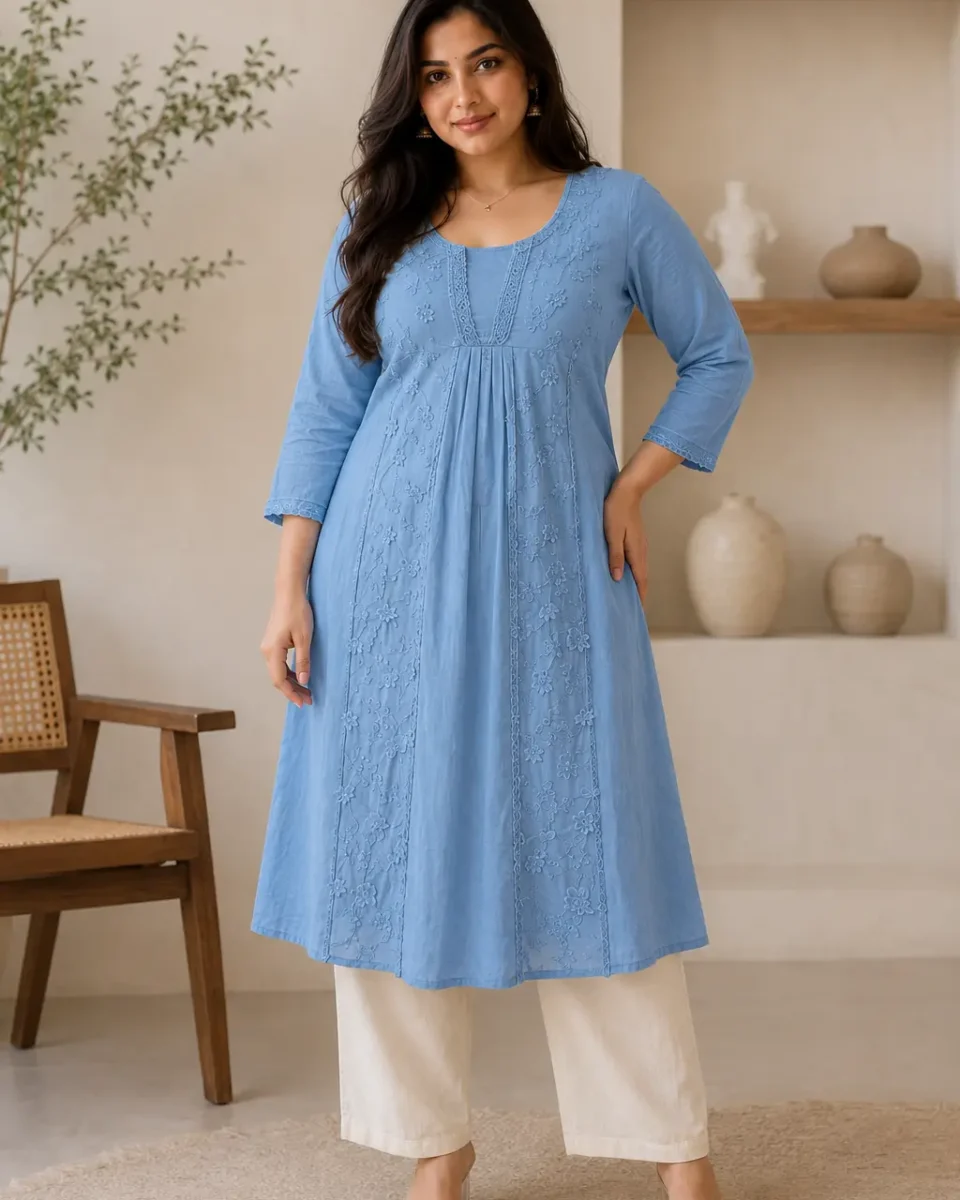 Woman wearing a powder-blue embroidered A-line kurta with three-quarter sleeves, white wide-leg trousers and neutral block-heel sandals.