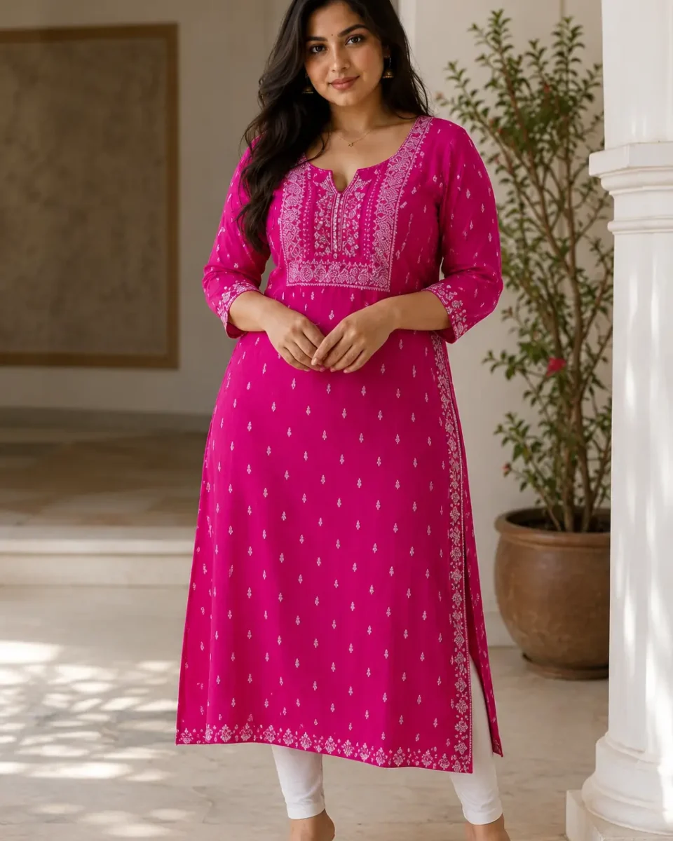Woman wearing a bright pink printed long kurti with white ethnic-style detailing, white leggings and neutral transparent-strap heels.