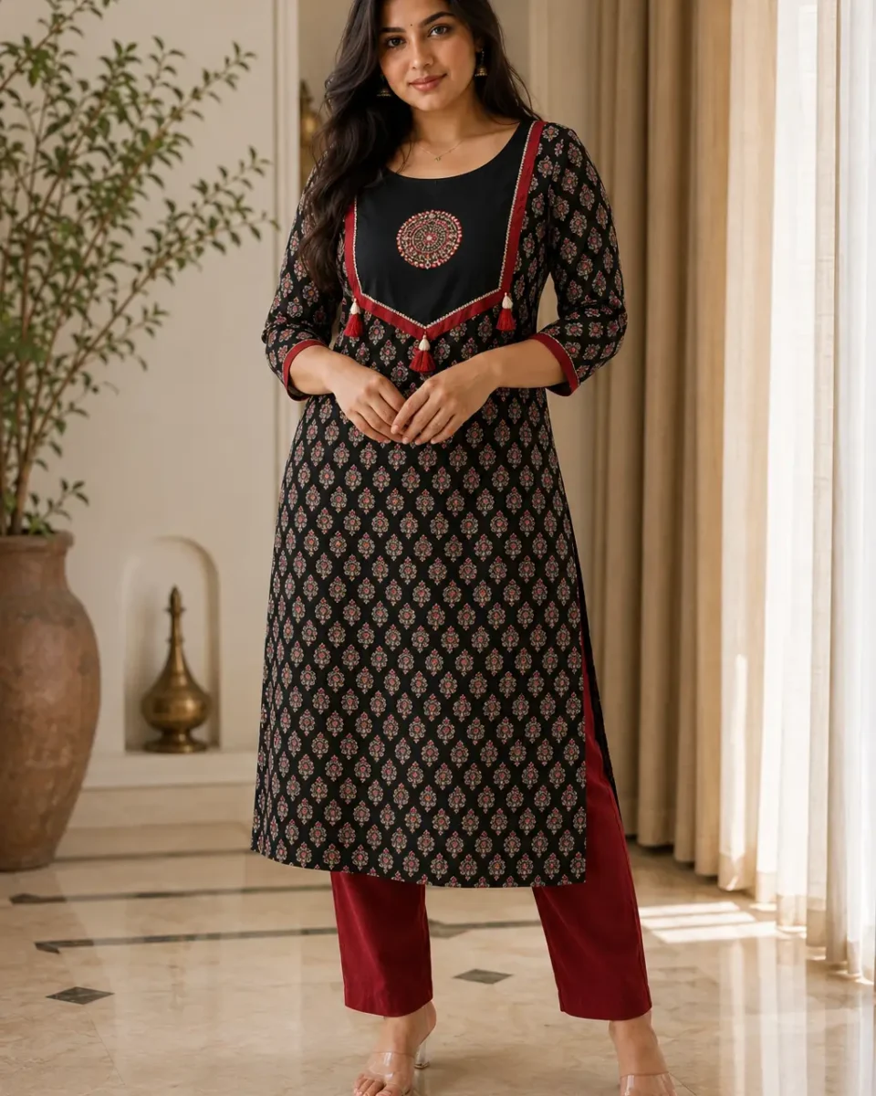 Woman wearing a black ethnic-motif printed kurti with red detailing, tassels and coordinated deep-red straight trousers.
