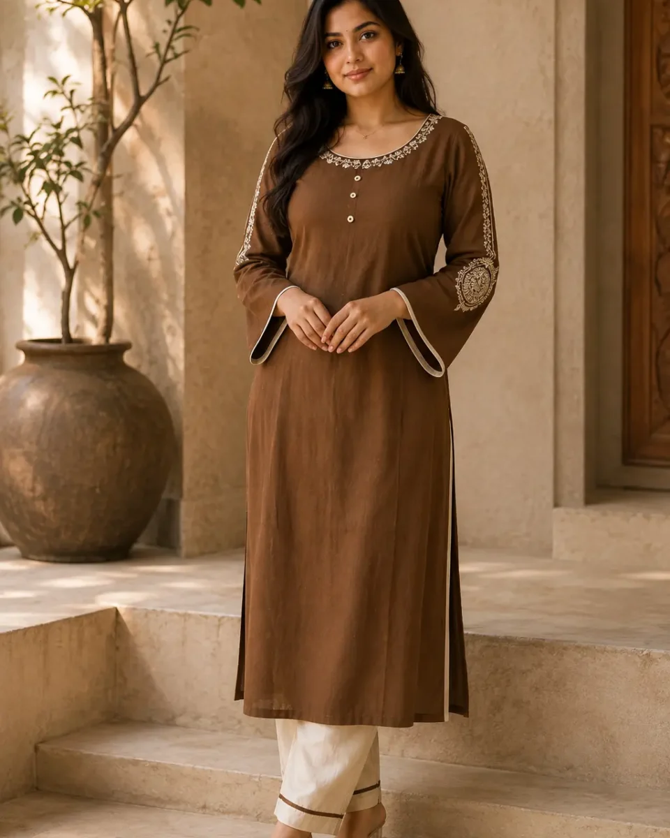 Woman wearing a long brown embroidered kurta with cream trousers and neutral heels in a warm, earthy architectural setting.