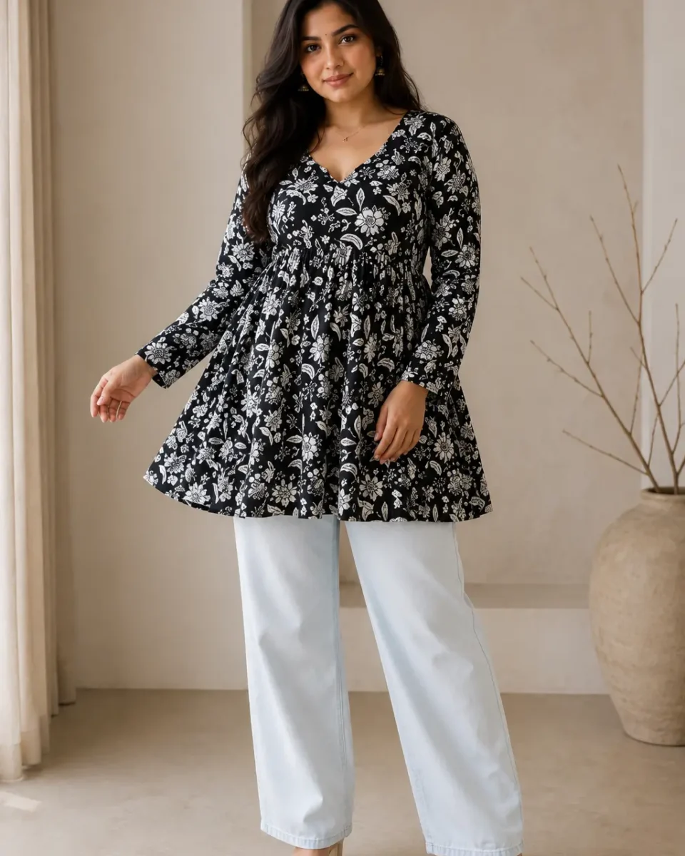 Woman wearing a black and white floral flared peplum-style top with light blue wide-leg jeans and neutral block-heel sandals.