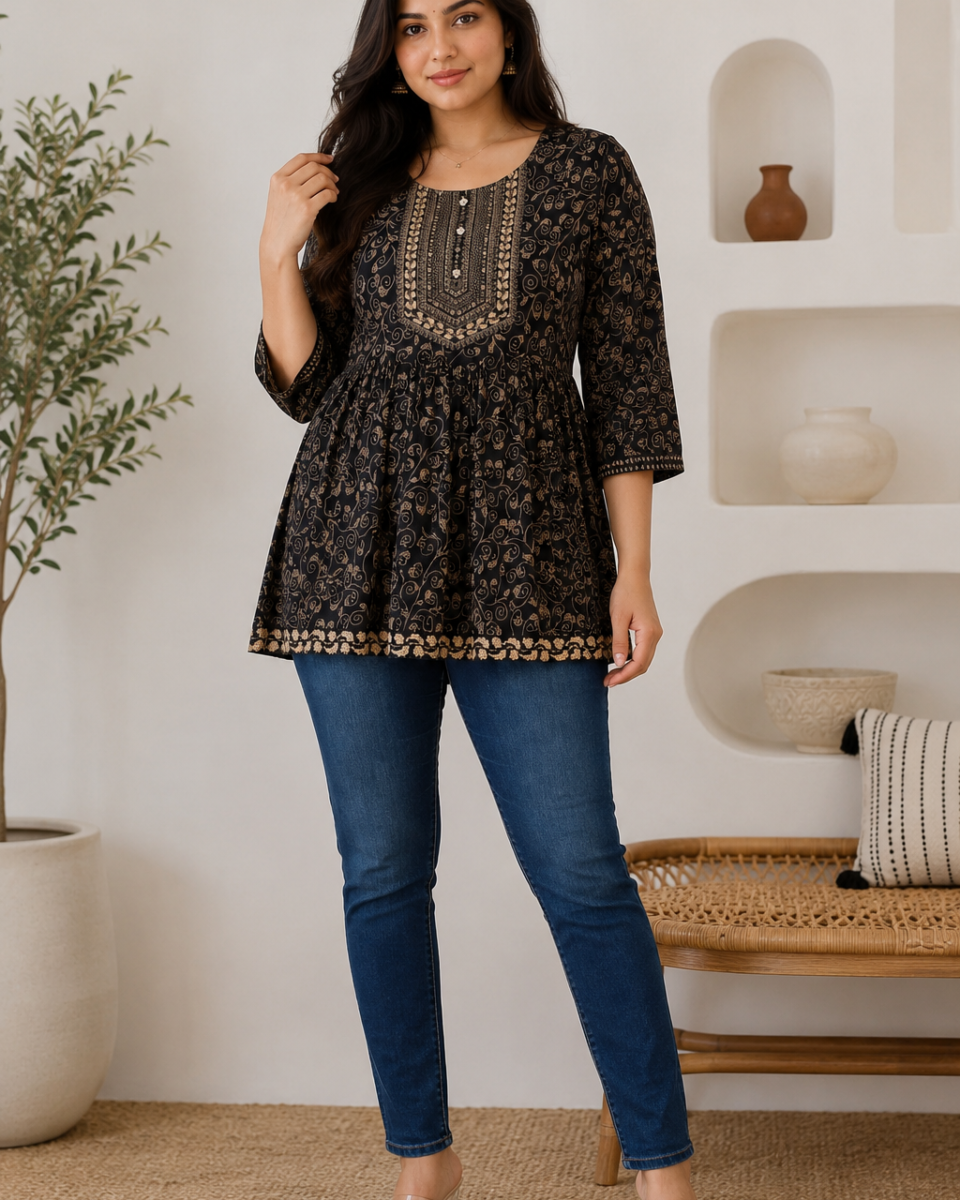Woman wearing a black and beige printed flared cape-style kurta with three-quarter bell sleeves, blue jeans and an embellished neckline.