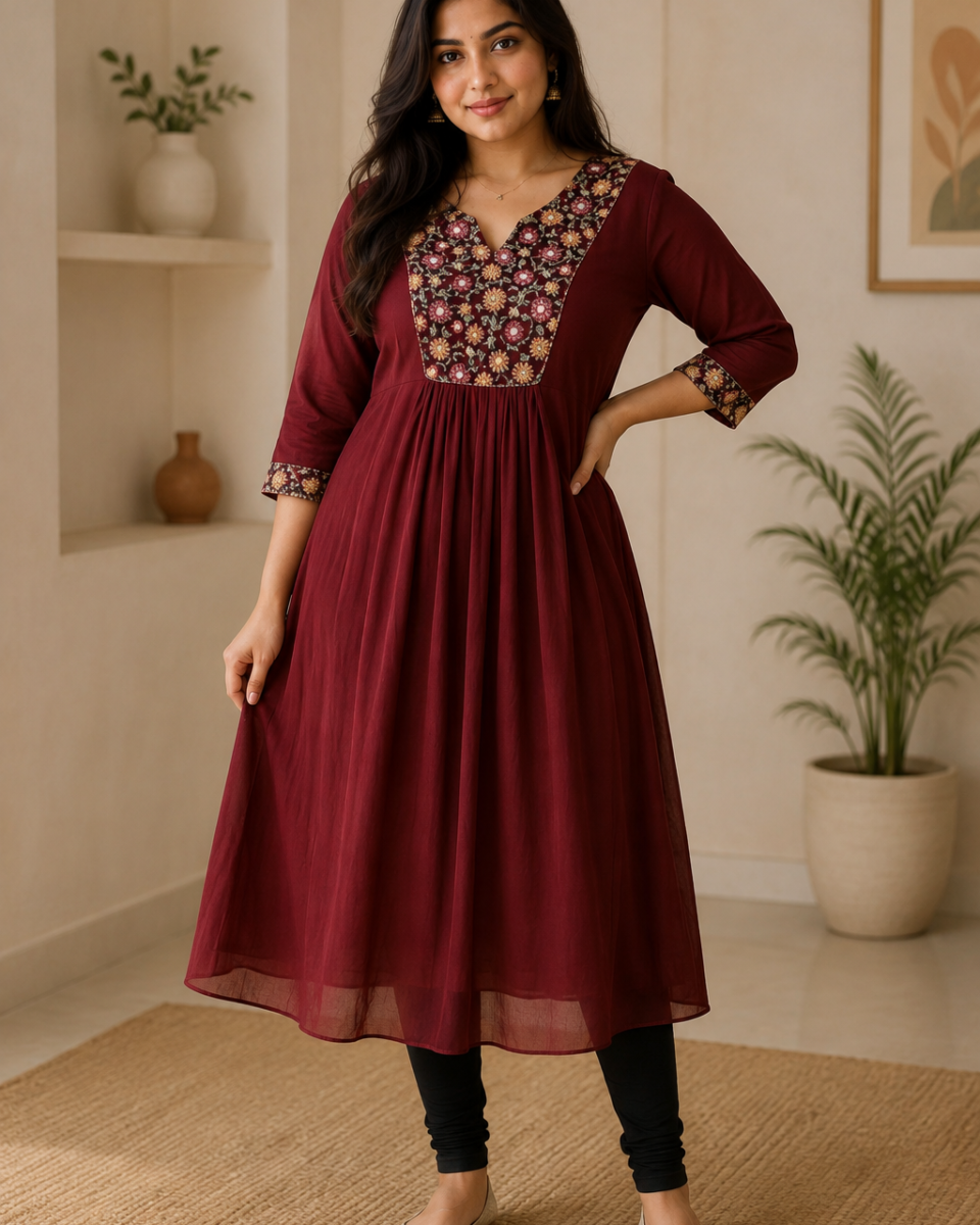 Woman wearing a maroon flared kurta with colourful floral embroidery around the V-neck yoke, three-quarter sleeves and black leggings.