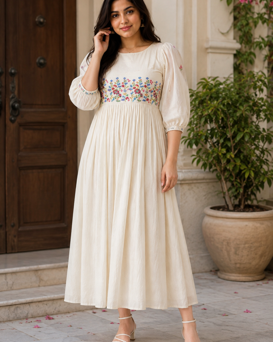 Woman wearing a beige flared cotton kurta with colourful floral embroidery across the waist, puff sleeves and white strappy sandals.