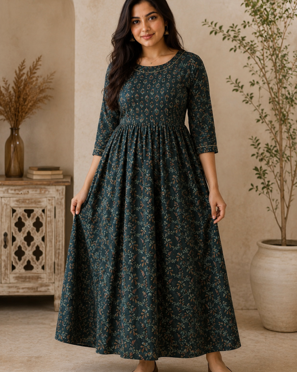 Woman wearing a dark green printed Anarkali kurta with a flowing gathered silhouette, three-quarter sleeves and brown ethnic flats.
