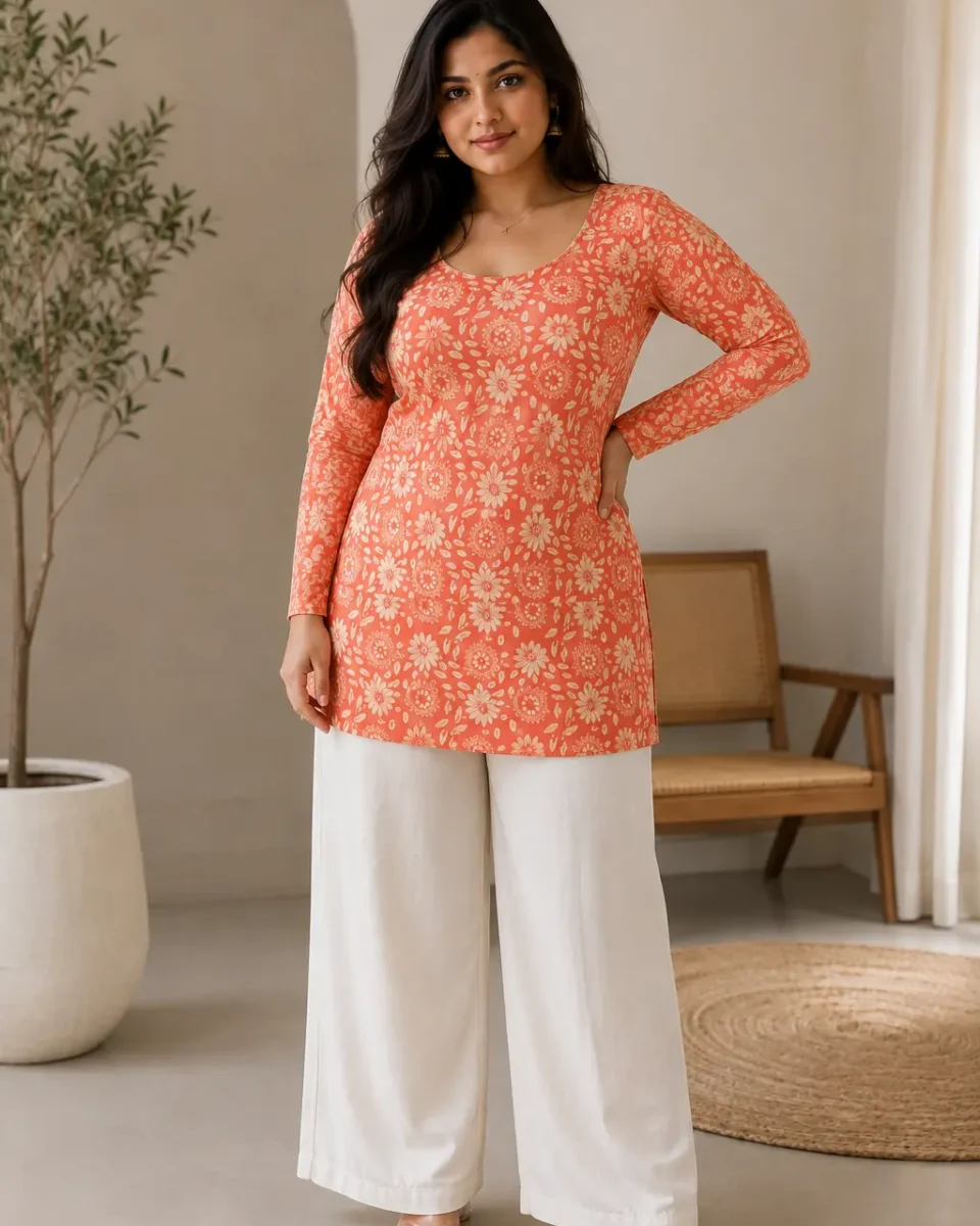 Woman wearing a coral-orange floral printed long-sleeve kurti with white wide-leg trousers and neutral transparent-strap heels.