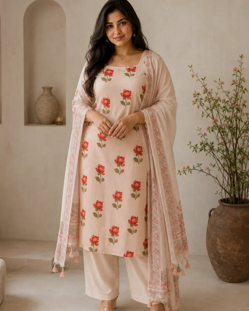 Woman wearing a peach floral straight kurta with cream palazzos and a coordinating printed-border dupatta with tassel detailing.