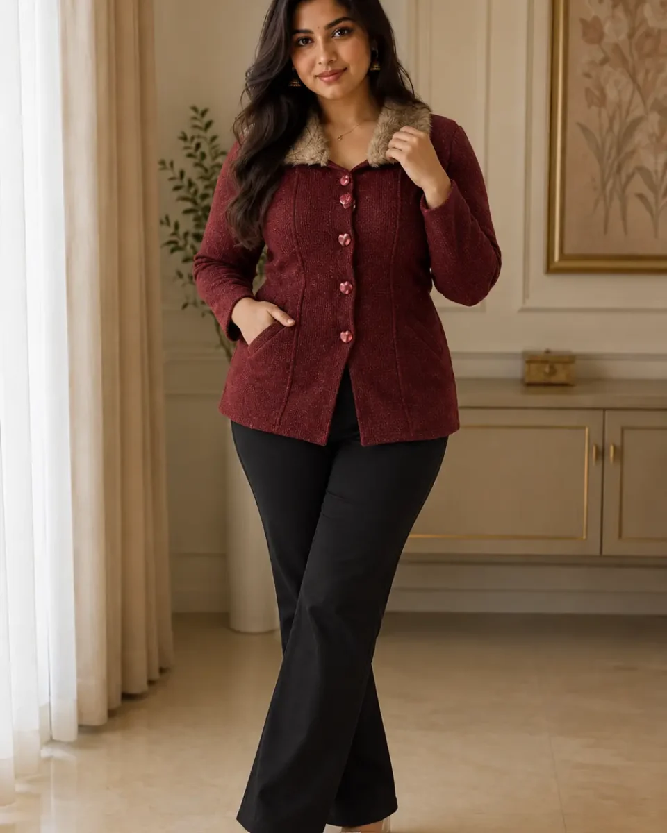 Woman wearing a burgundy long-sleeve button-front jacket with a plush beige collar and angled front pockets, paired with black flared trousers and nude heeled sandals.