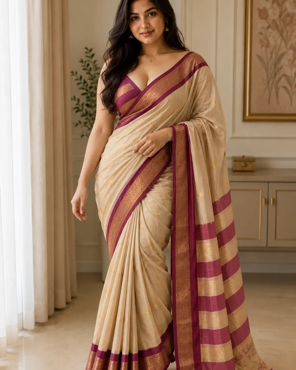 Woman wearing a champagne-beige saree with small gold-toned motifs, an ornate burgundy border and a matching burgundy pallu with a deep magenta blouse.