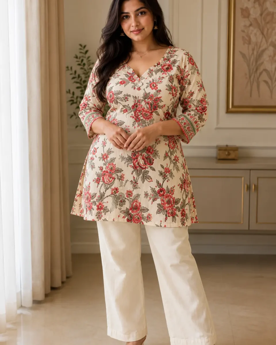 Model wearing a cream shirt with red and muted green floral prints, decorative printed sleeve cuffs and cream trousers.
