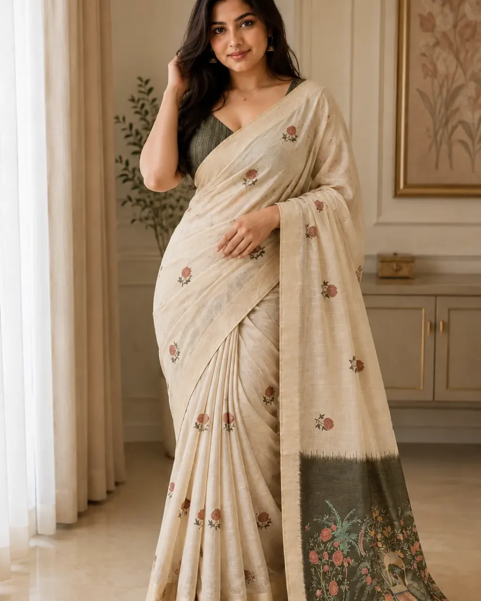 Woman wearing an ivory-beige saree with small rust-red floral motifs, a subtle woven-looking body and a dark olive-green pallu decorated with colourful floral and nature-inspired artwork, styled with a muted green blouse.