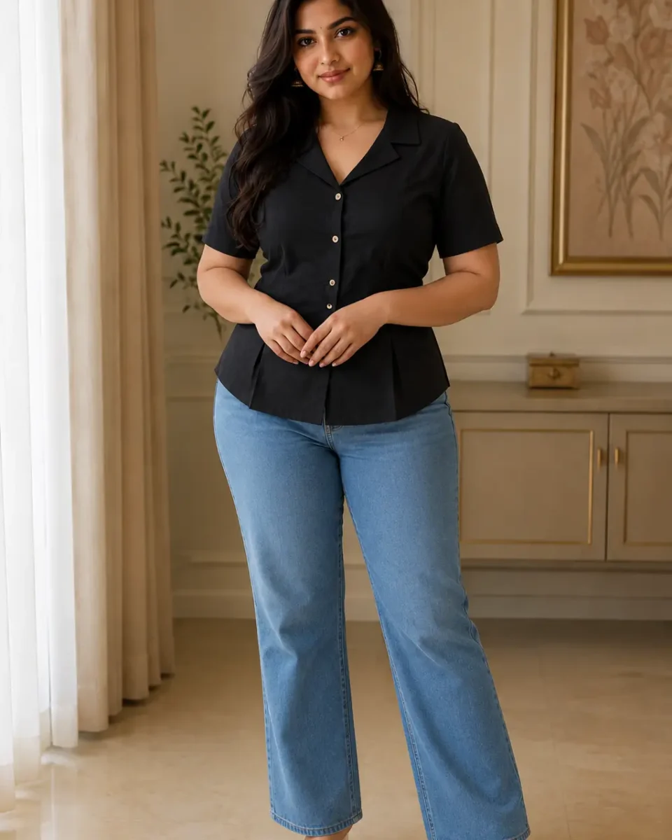 Woman wearing a black short-sleeve Cuban-collar button-front shirt with light-blue wide-leg jeans and transparent heeled sandals in a warm, neutral interior.