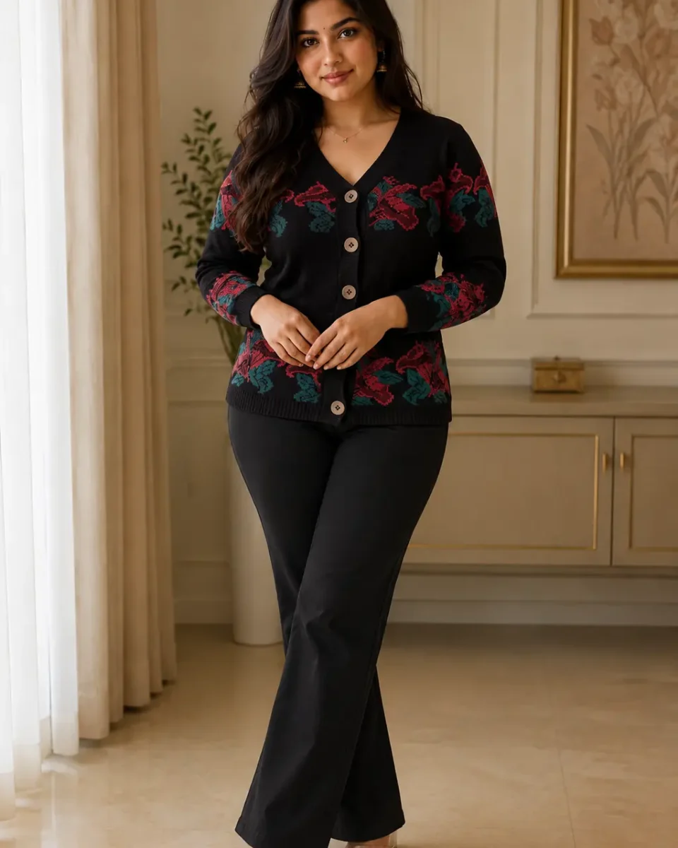 Woman wearing a black V-neck button-front cardigan decorated with red and teal floral motifs across the chest, sleeves and lower hem, paired with black trousers and nude heeled sandals.
