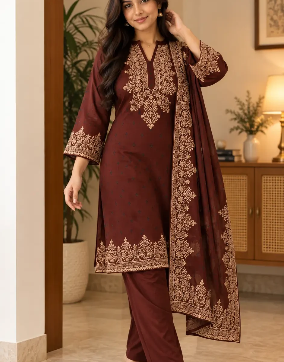 Woman wearing a deep maroon kurta with intricate gold-toned ethnic motifs, matching trousers and a richly patterned coordinating dupatta.