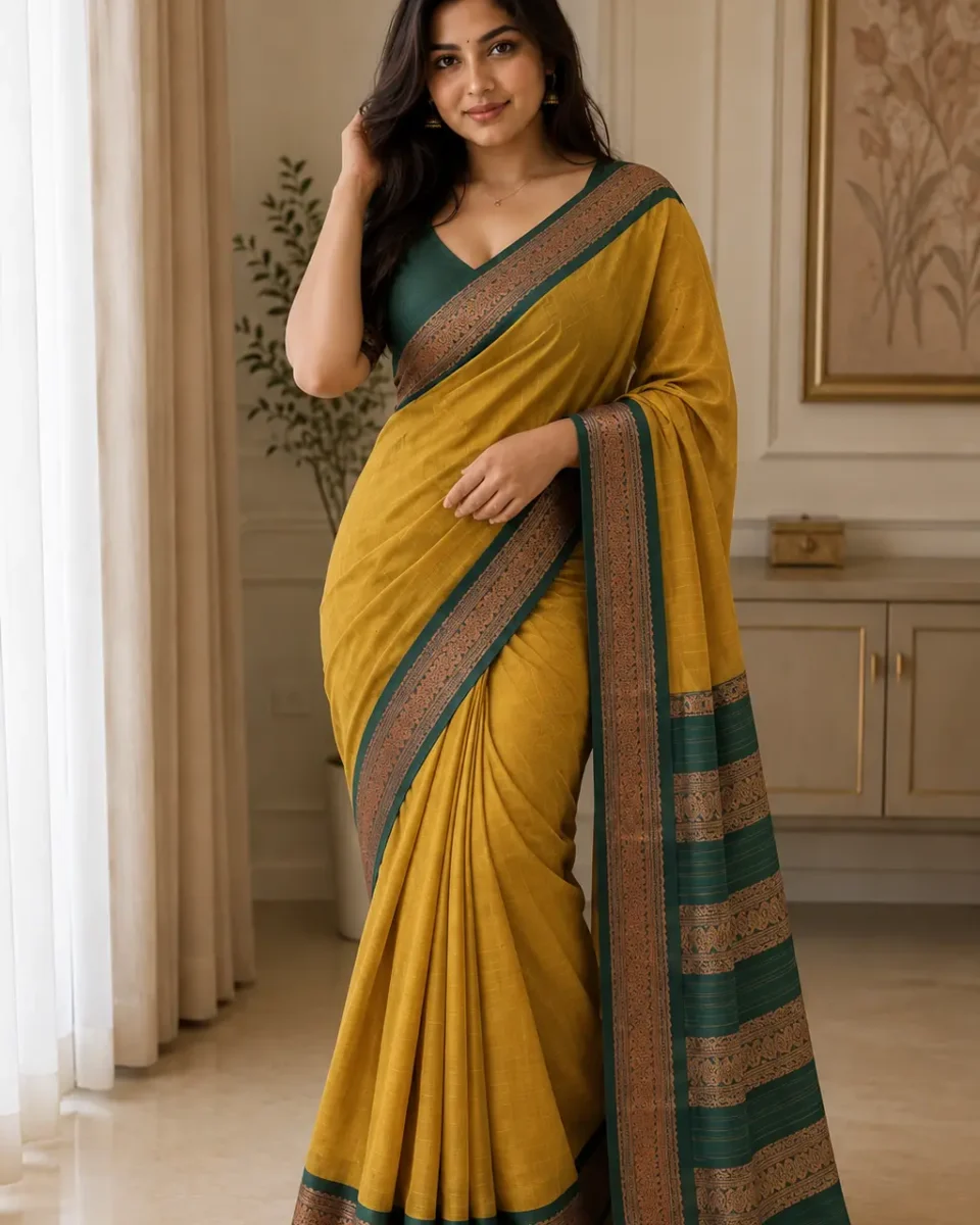Woman wearing a mustard-yellow saree with a subtle woven pattern, an elaborate deep-teal border and a contrasting teal pallu with brown-gold decorative detailing, styled with a matching teal blouse.