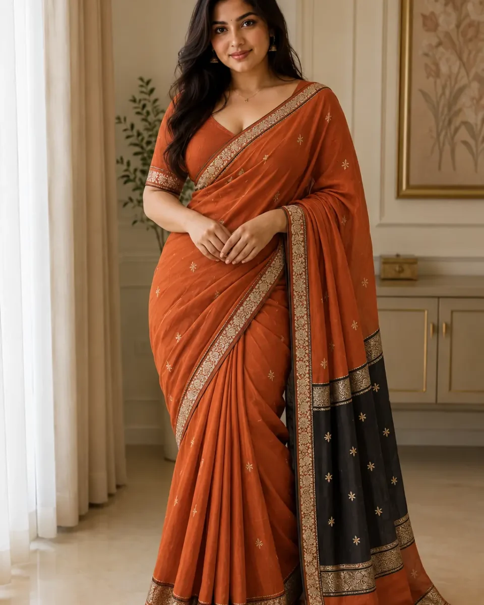 Woman wearing a rust-orange saree with small gold-toned motifs, an ornate gold-patterned border and a contrasting black pallu decorated with gold bands and tiny motifs.
