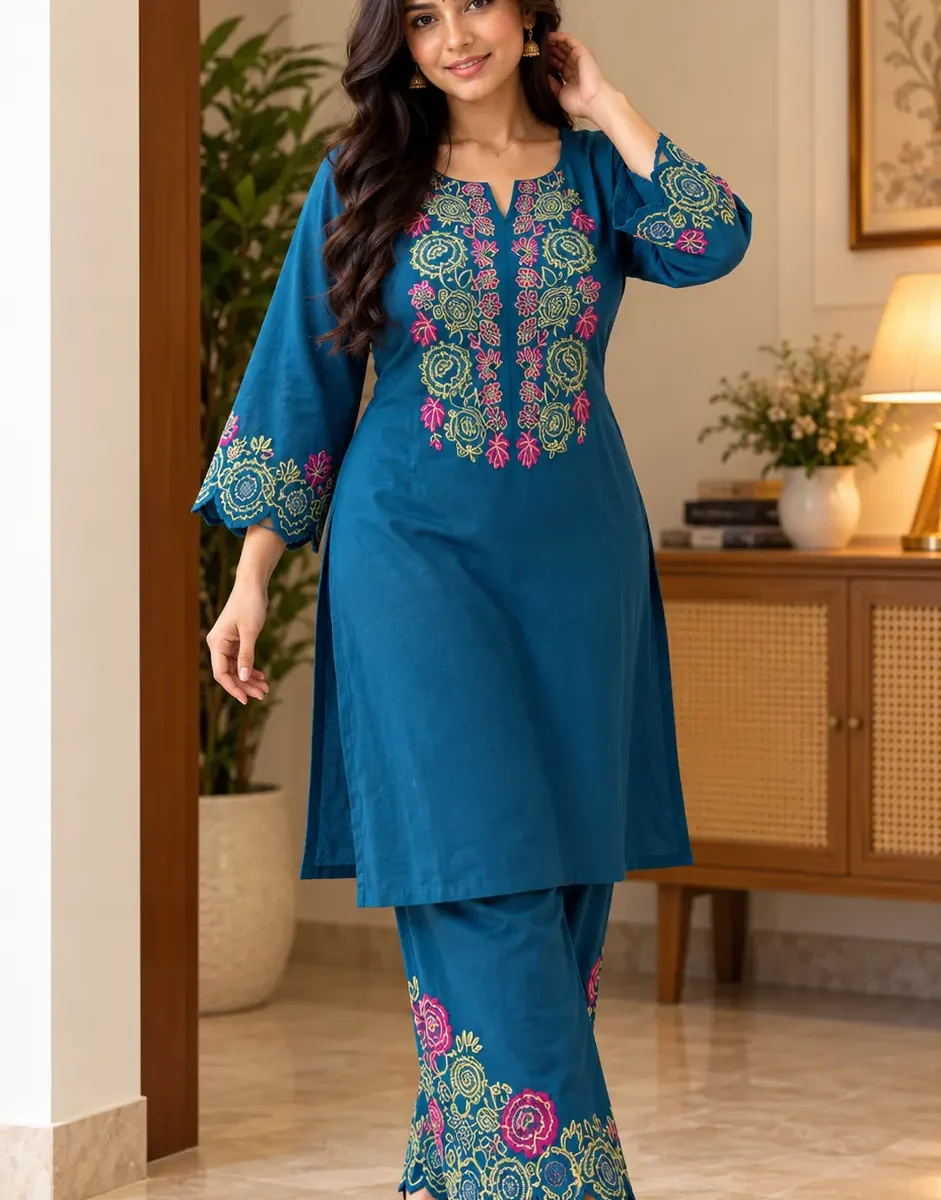 Woman wearing a deep teal embroidered kurta with matching embroidered palazzos, colourful floral threadwork and a coordinated ethnic silhouette.