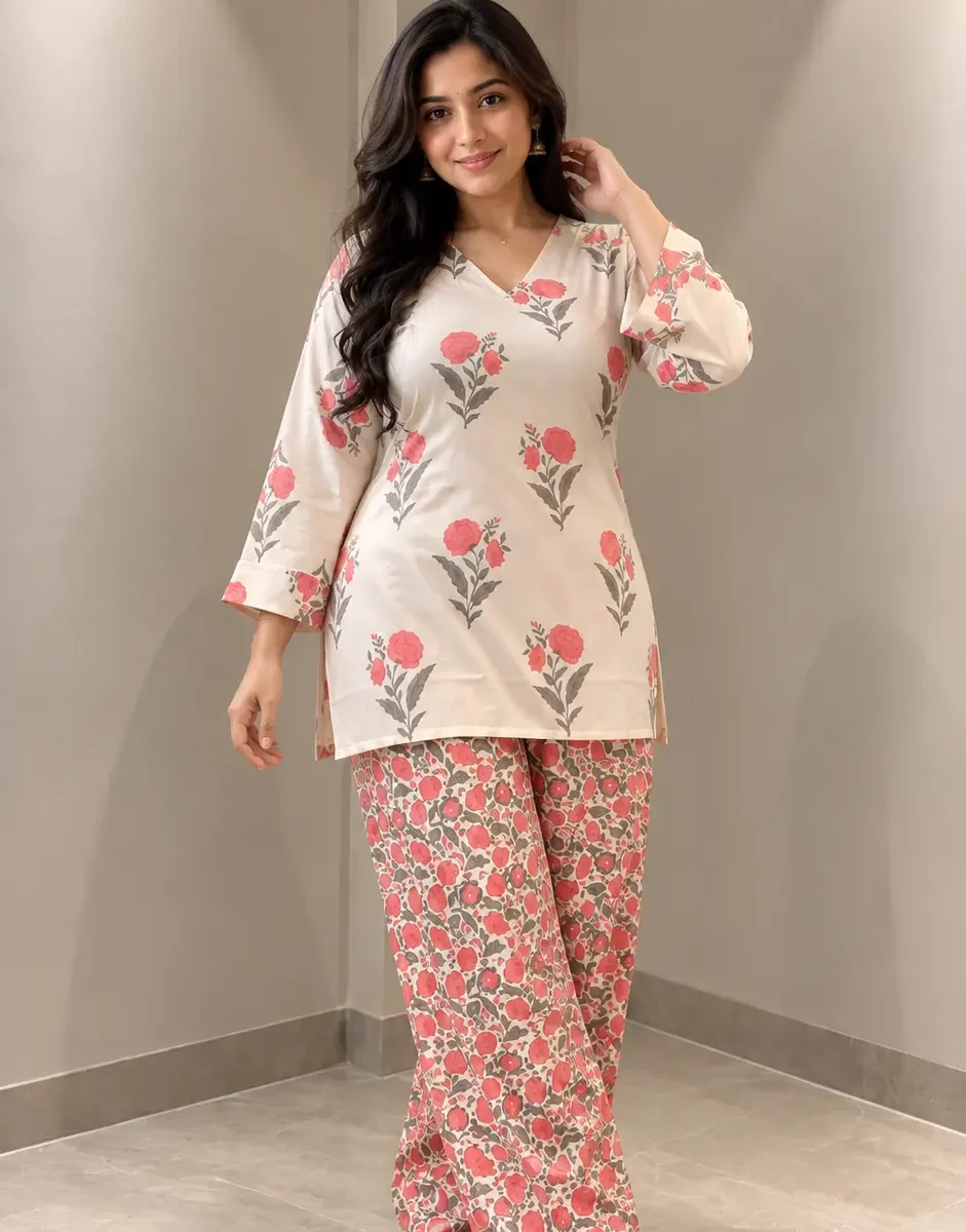 Woman wearing a cream floral kurta with pink and grey motifs, matching printed farshi-style bottoms and nude sandals indoors.