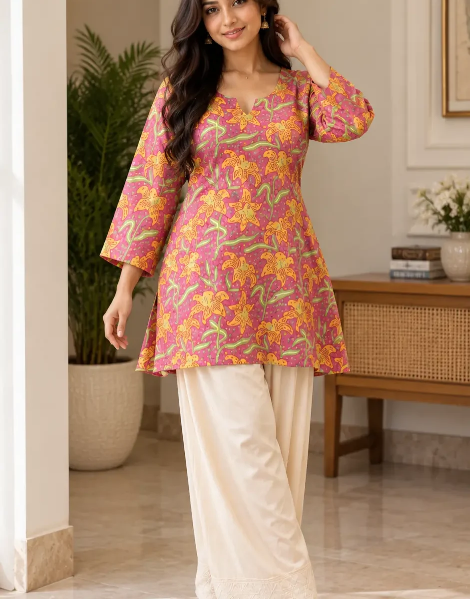Woman wearing a bright pink floral printed tunic with cream wide-leg bottoms and nude sandals in an elegant indoor setting.