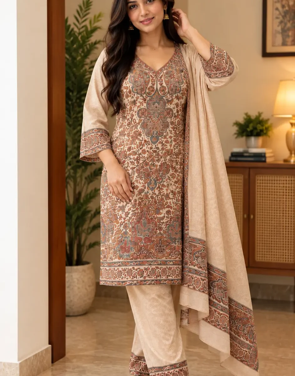 Woman wearing a beige printed kurta with matching trousers and dupatta featuring intricate brown and blue paisley-inspired borders and motifs.