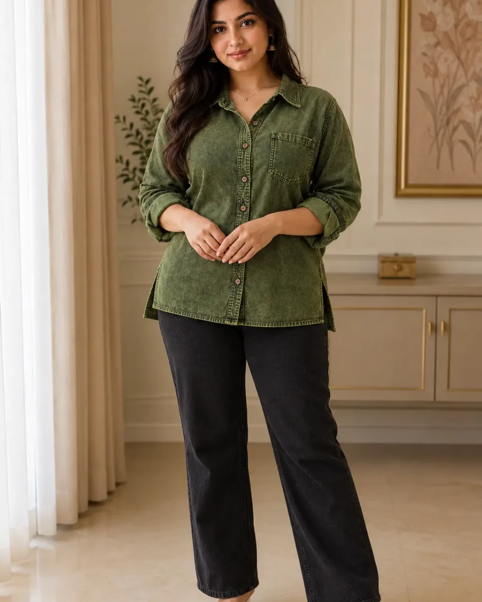 Model wearing an olive-green denim-style button-front shirt with rolled sleeves and black wide-leg trousers in a neutral indoor setting.