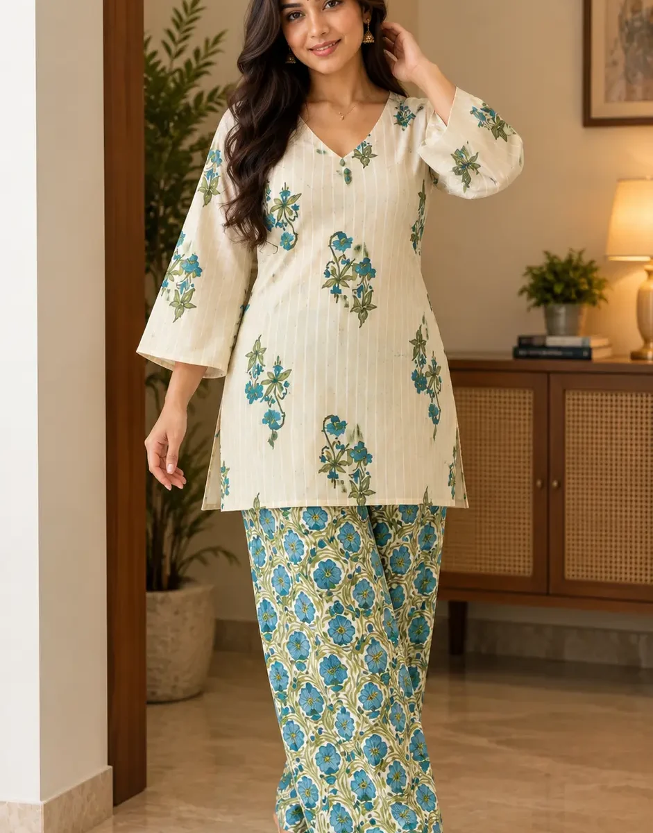 Woman wearing a cream floral kurti with blue and green motifs, matching printed wide-leg bottoms and nude sandals.