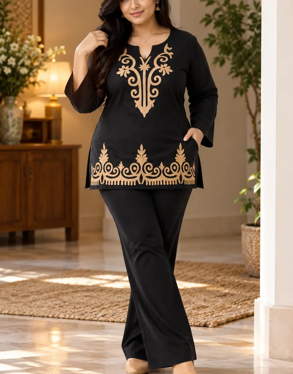 Woman wearing a black embroidered kurti with ornate gold detailing, black wide-leg bottoms and beige closed-toe footwear indoors.