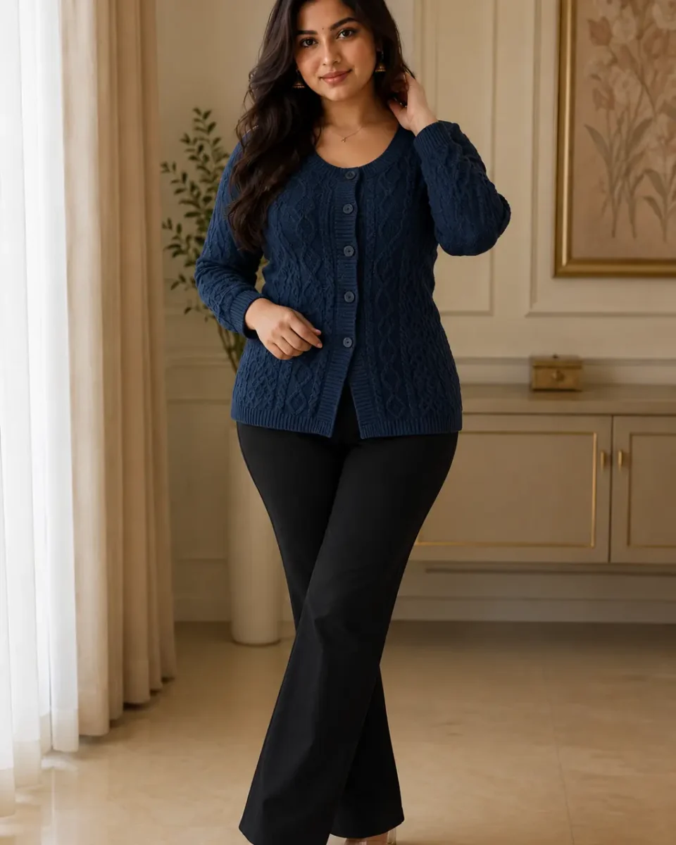 Woman wearing a deep blue textured cable-knit button-front cardigan with a rounded neckline and long sleeves, paired with black trousers and nude heeled sandals.